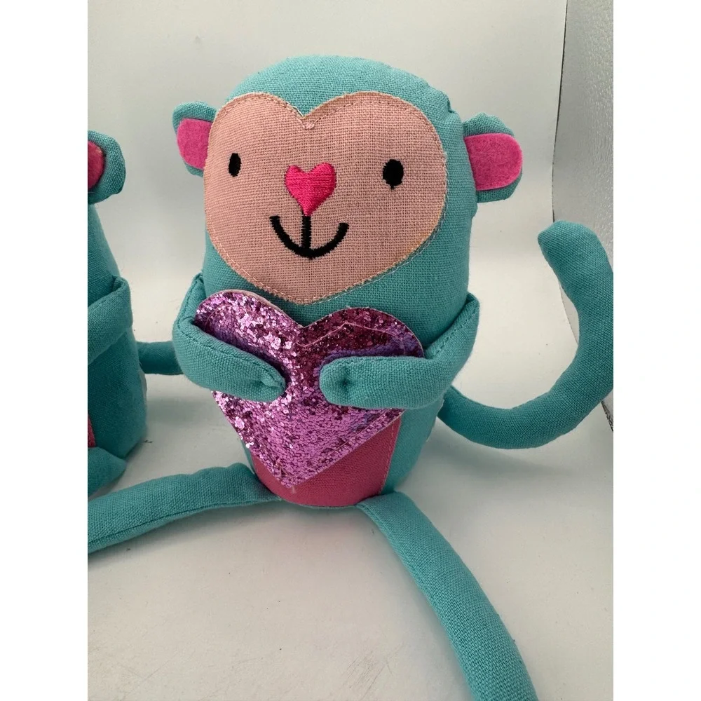 Cute Teal Monkey Plush Stuffed Animal‎ Glitter Heart Valentine Love